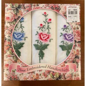 NIB Vintage JCPenney Gift Set of 3 Embroidered Floral White 11" Handkerchiefs